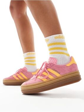 Adidas Originals Gazelle Bold Trainers in Pink and Yellow with Gum Sole